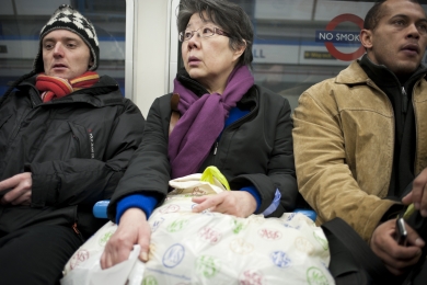 Passengers on the London underground while train stopped at Stockwell station in January 2010, England.
