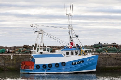 Fisherman on trawlwer Crusader cleans the boat after landing his catch in Pittenweem harbour, early morning, June 2015.